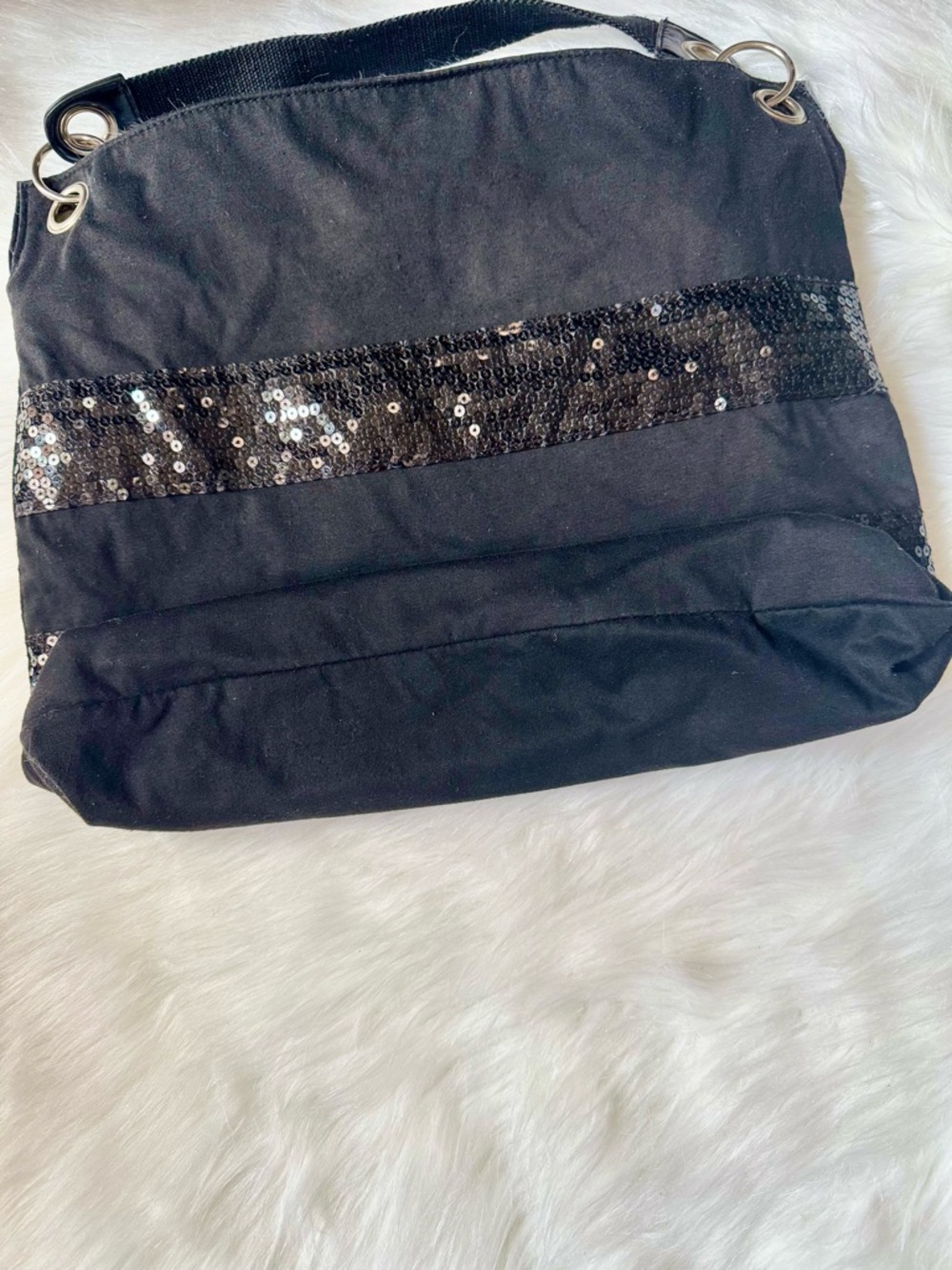 Y2K- Style Black Sequin Striped Tote Bag Large Shoulder Fabric O-ring Detail - Picture 5 of 10